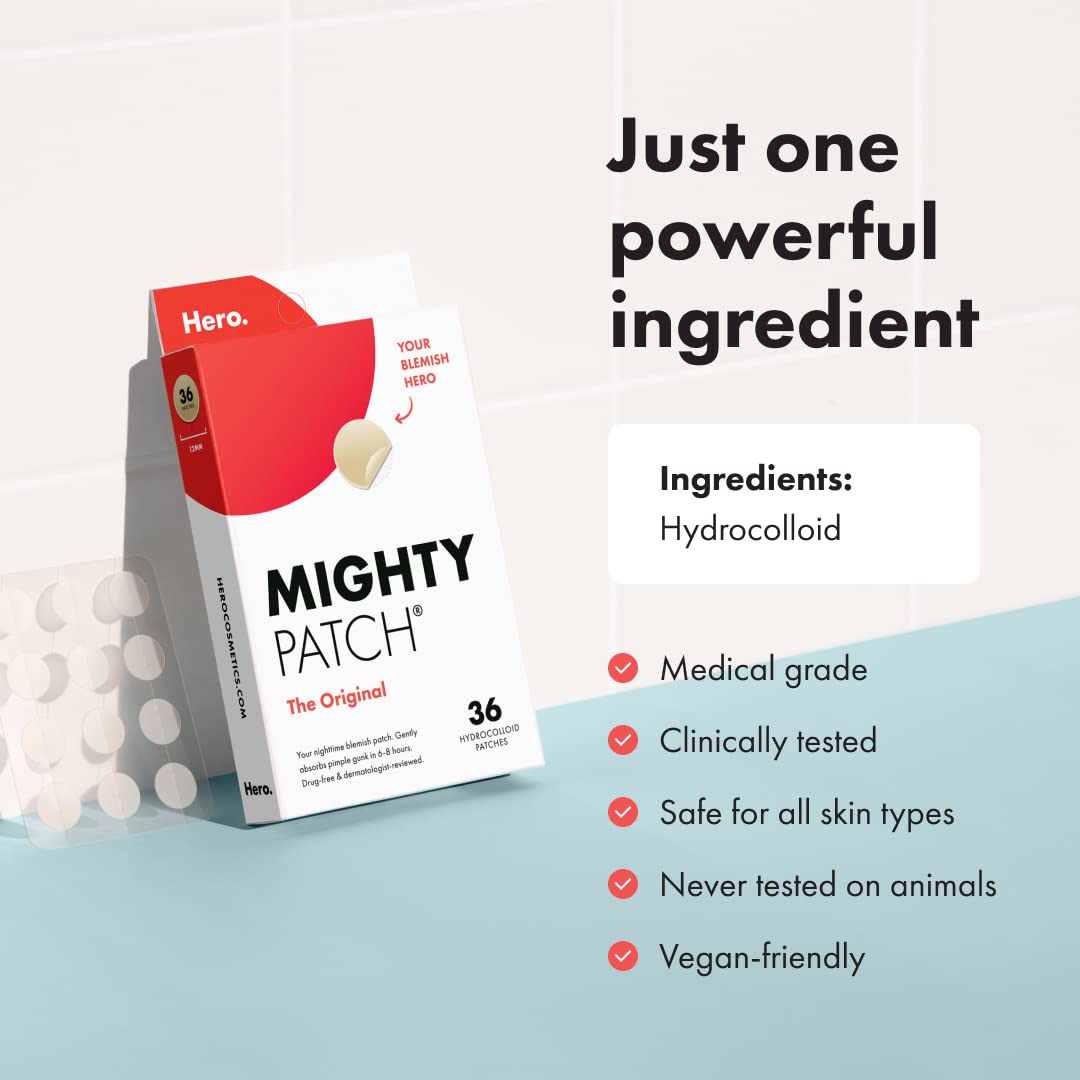 Mighty Patch Original from Hero Cosmetics - Hydrocolloid Stickers for Covering Facial Spots, Vegan-friendly and Not Tested on Animals (36 Count)